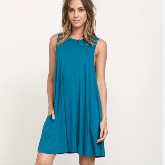RVCA Sucker Punched 2 Swing Jersey Dress with Side Pockets Teal Blue Small - Picture 1 of 6